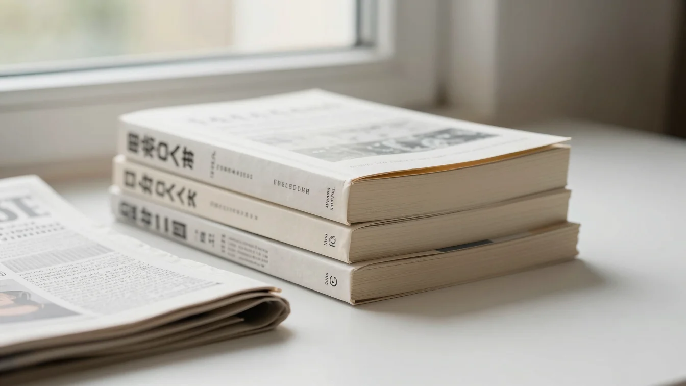Editorial product photography, soft window daylight. A neatly stacked set of paperback books and a folded newspaper on a