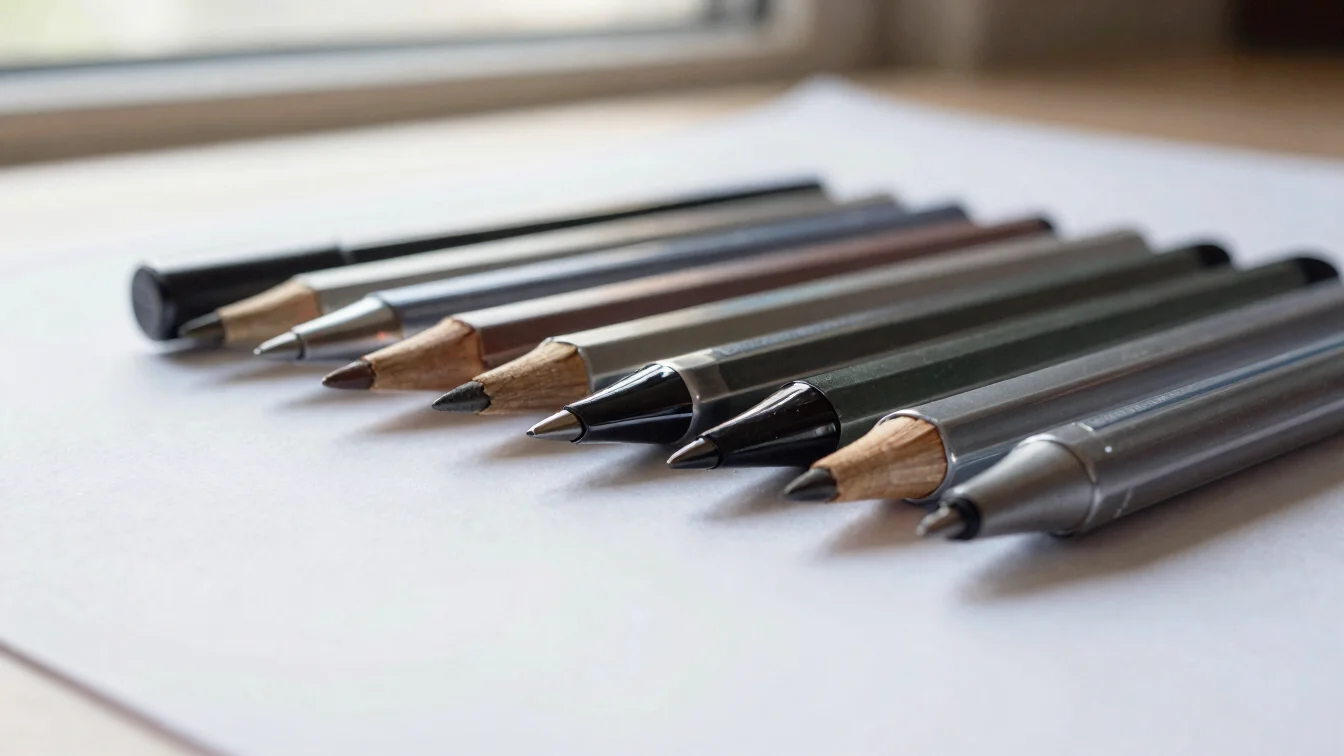Editorial product photography, soft window daylight. A close-up of several pens and pencils laid parallel on a paper-whi