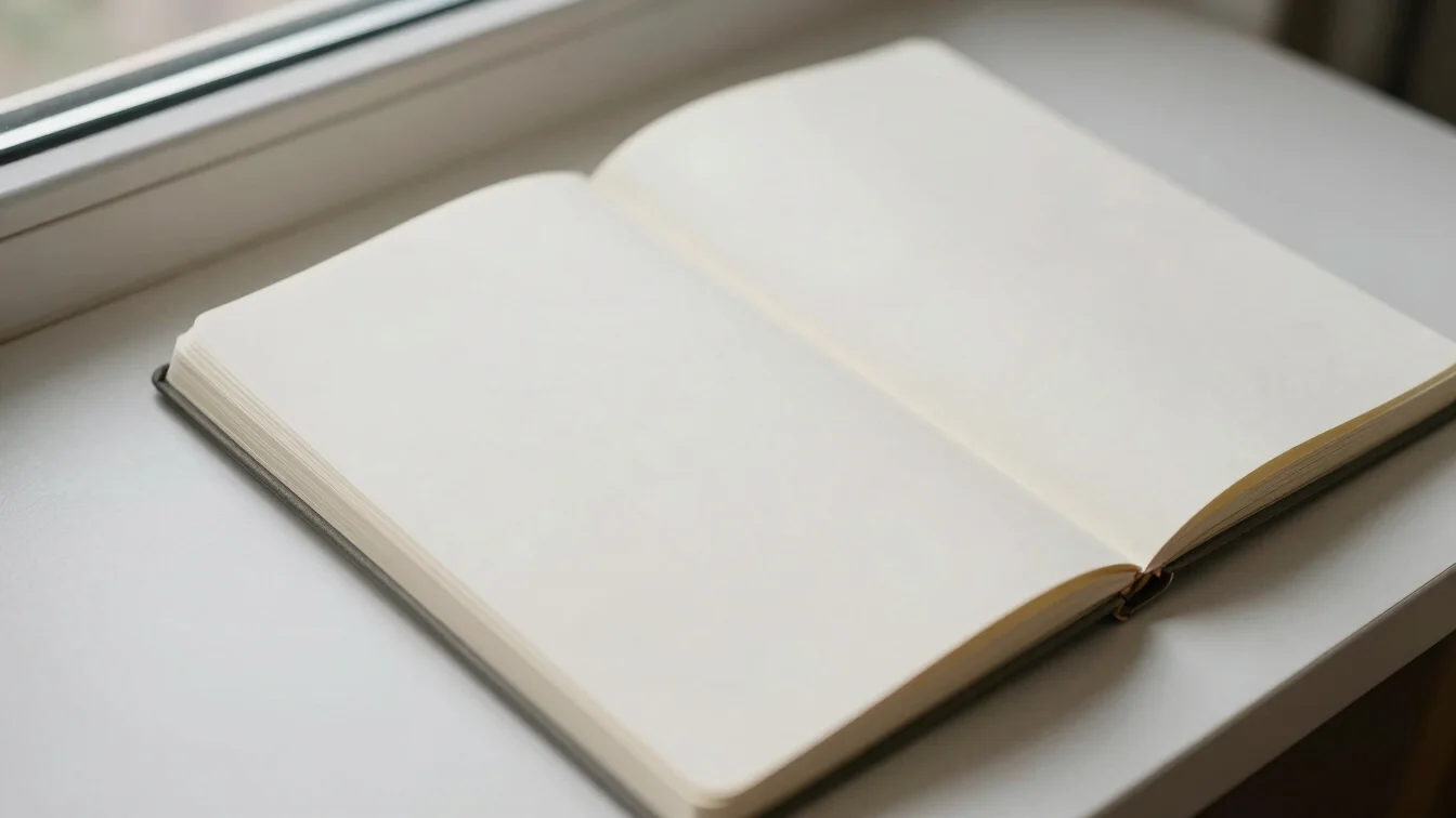 Editorial product photography, soft window daylight. An overhead still life of plain notebooks and loose sheets of writi