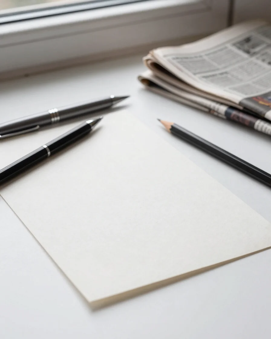 Editorial product photography, soft window daylight, 50mm still-life framing. A quiet arrangement of a pen, a pencil, a