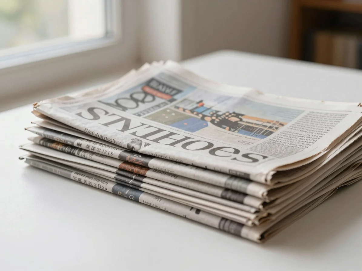 Stacked daily newspapers and a hardcover book on a clean table under natural window light.
