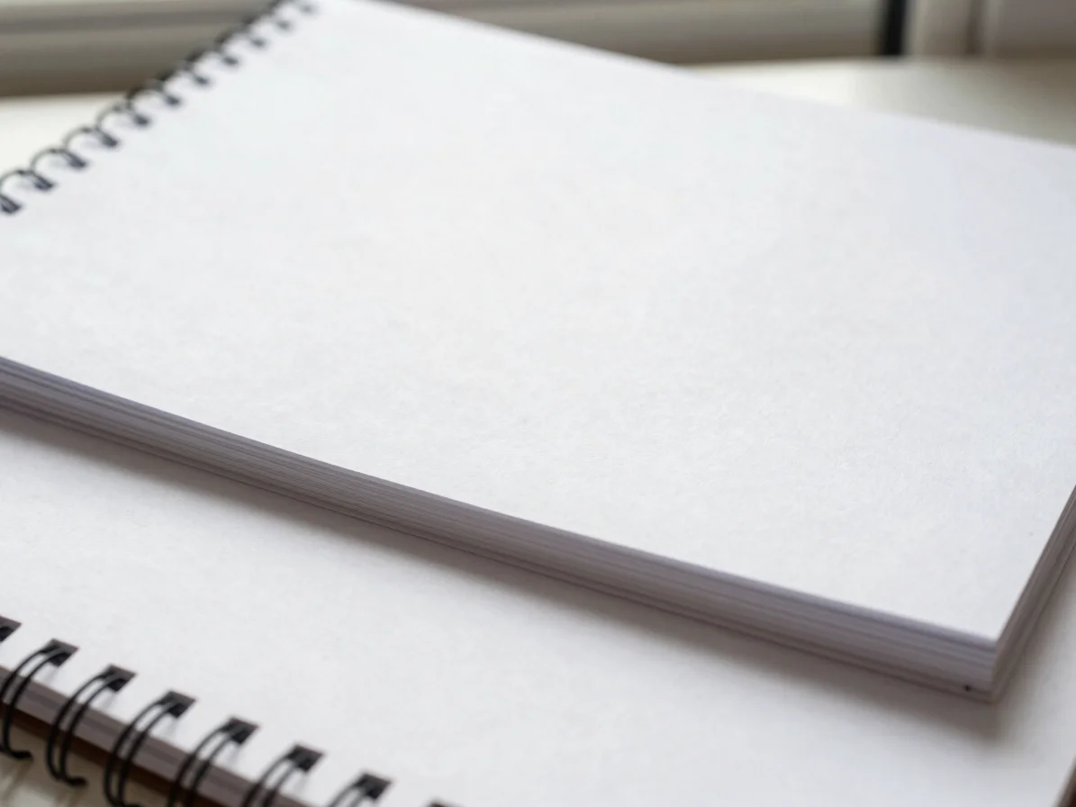 Close-up of clean white paper sheets and a simple spiral notebook with natural paper texture.