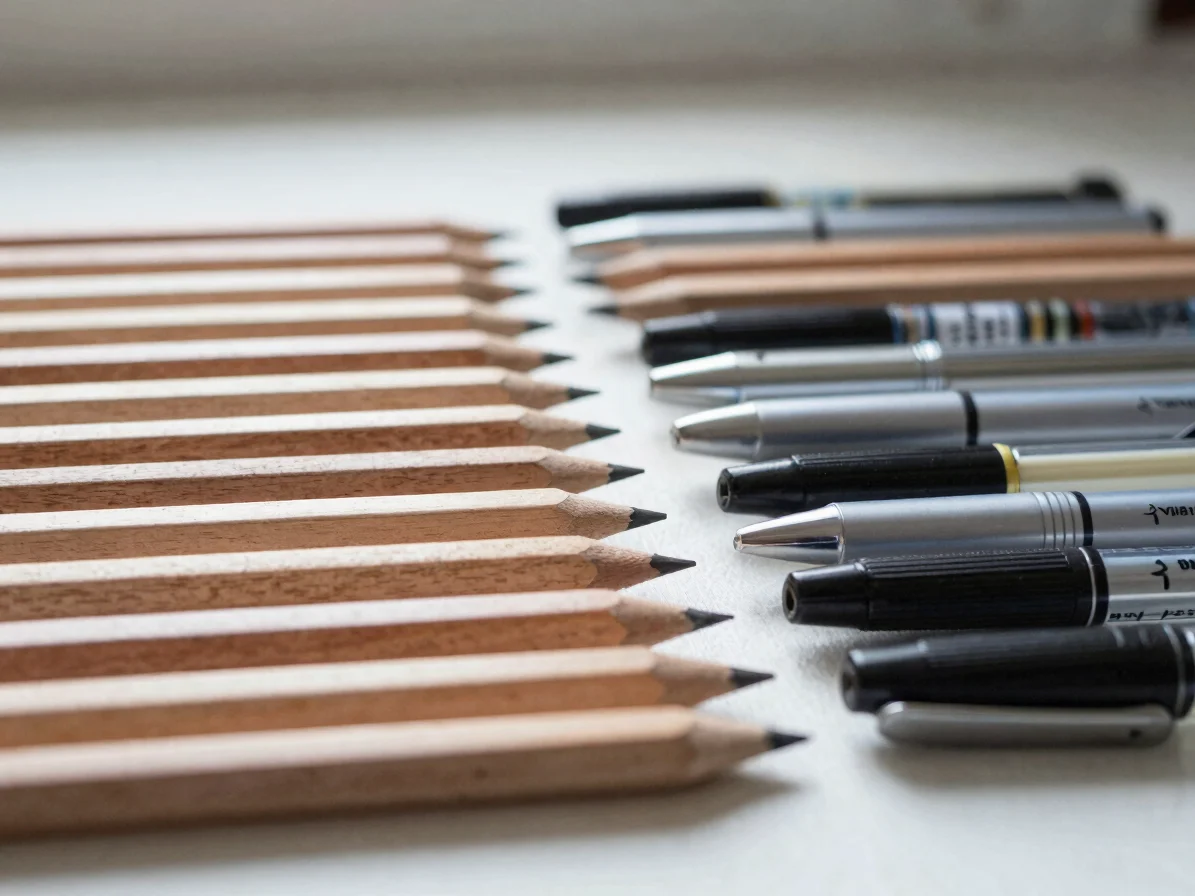 An assortment of simple wooden pencils and standard ballpoint pens arranged neatly on a light surface.