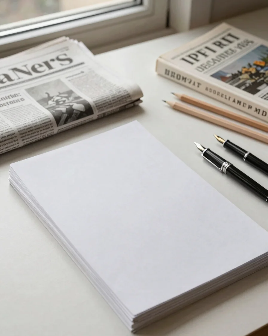 Editorial product photography, soft window daylight, paper-white and ink tones. Overhead still life of a newspaper, a pa